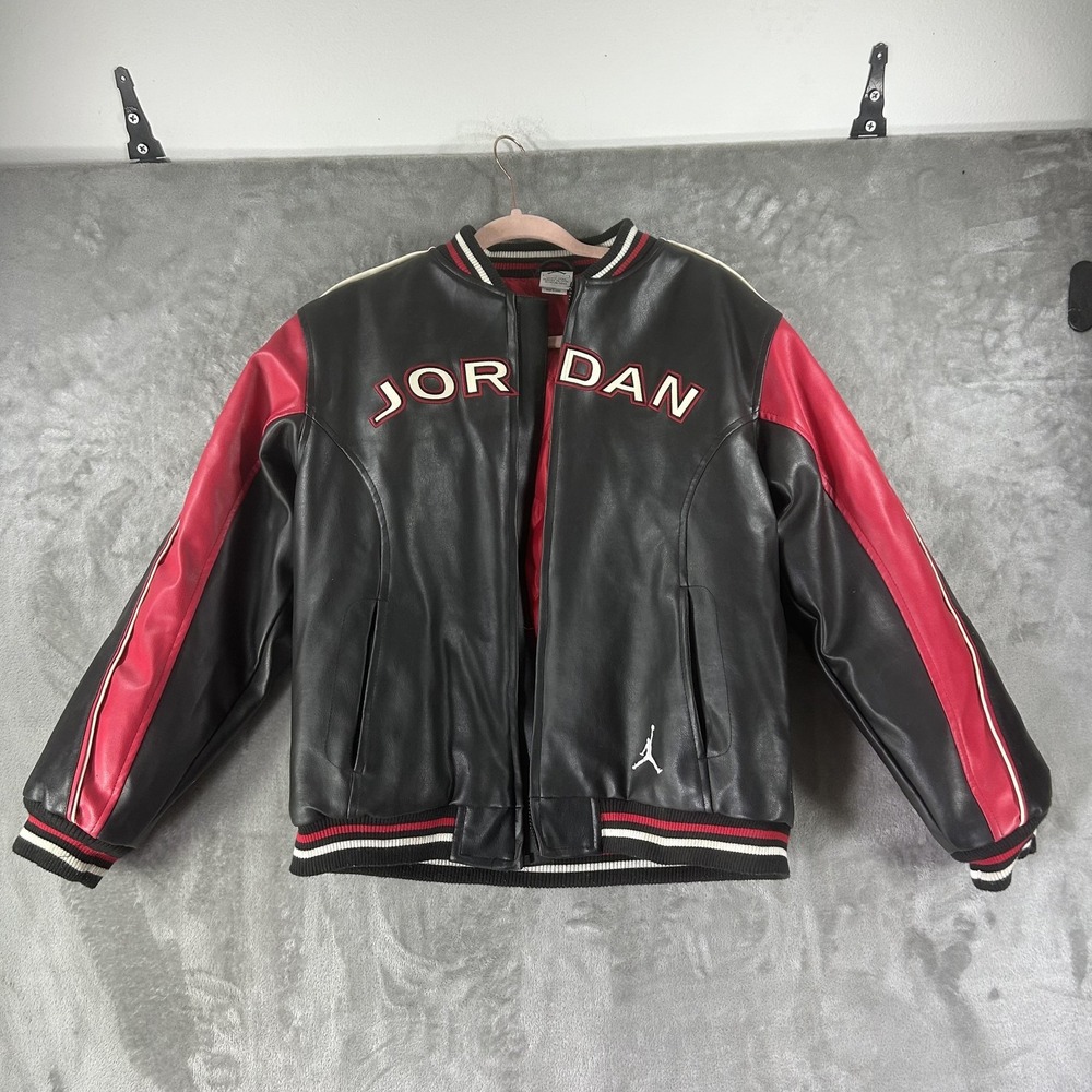 Jordan Jacket Boys Large Black Red Varsity Faux Leather 23 Back *Broken Zip*